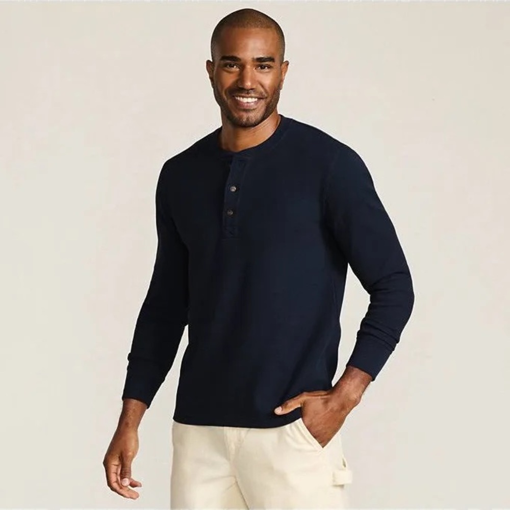 Lands' End Men's Thermal Waffle Henley Navy Large EUC